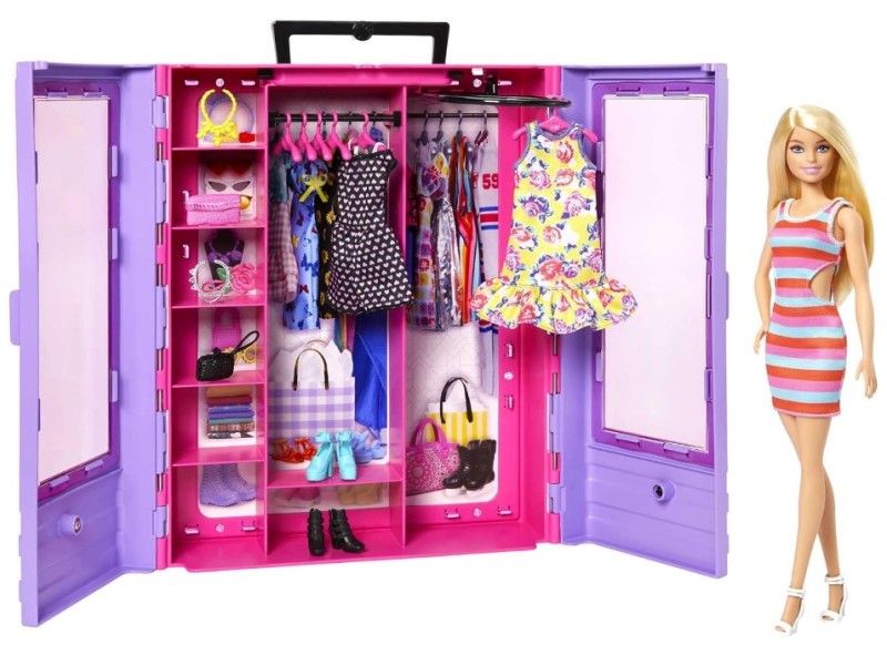 Barbie Fashionistas guardaroba alla Moda con appendiabiti estraibile per appendere i vestiti scarpe collane e borse