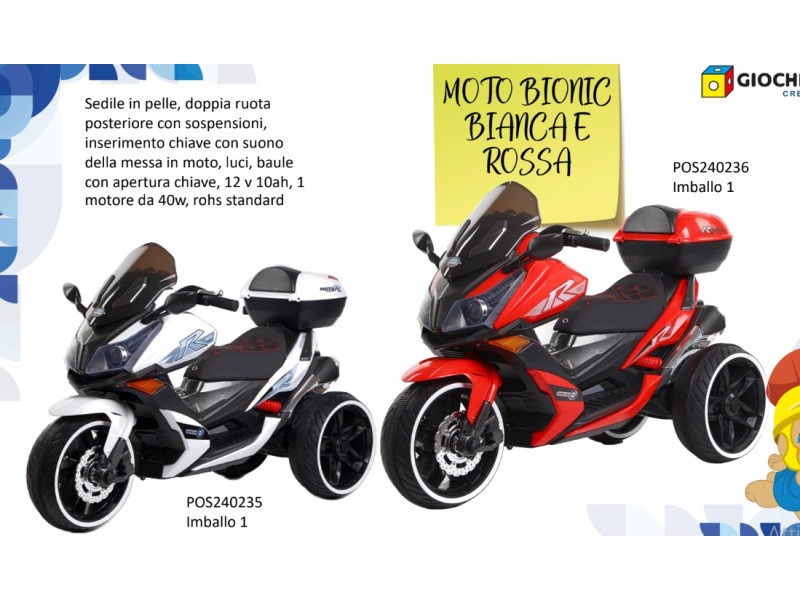 Moto Elettrico Scooter 12Volt Sedile in Pelle Colori Bianco o Rosso